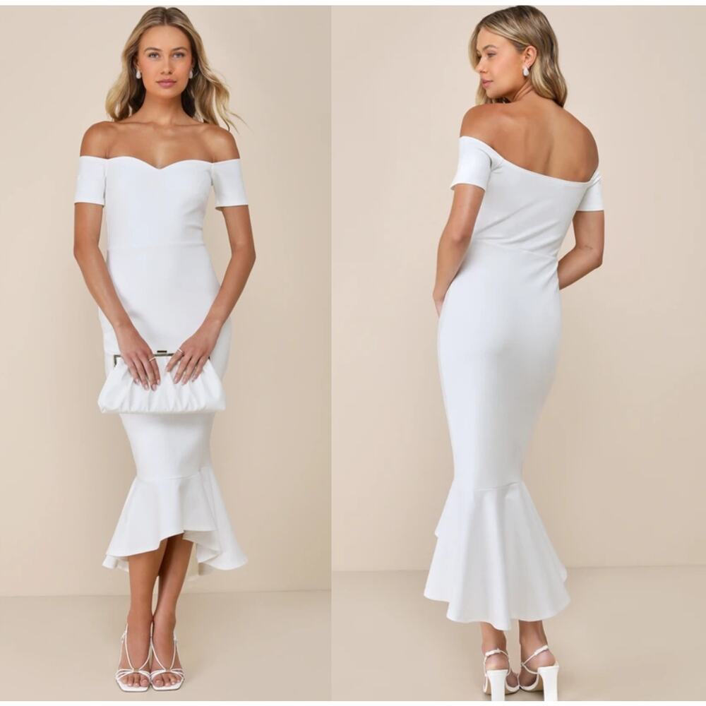 Lulus How Much I Care Ivory Off-the-Shoulder Midi Dress Bridal Holiday Small